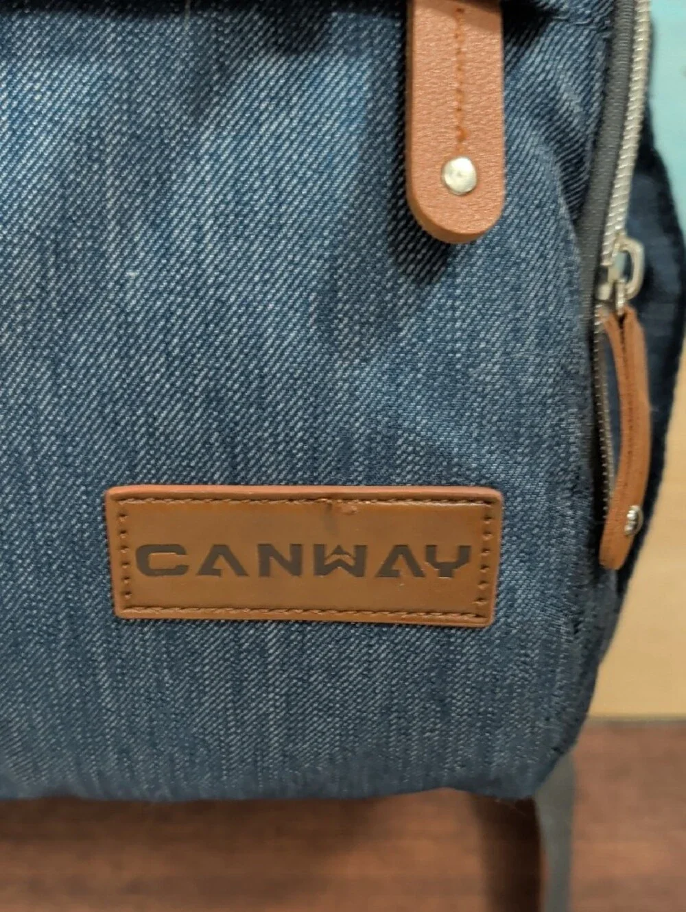 Denim-Style Baby Backpack with Tan Trim by